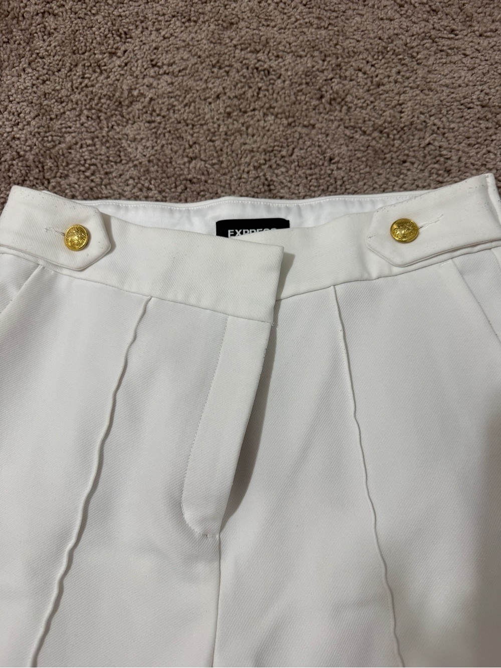 Express White High-Waist Pleated Pants with Gold Buttons